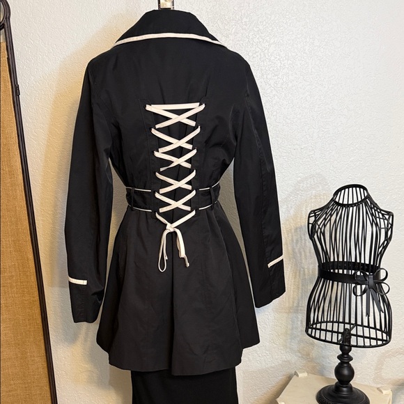 Betsey Johnson Black Trench Coat with cream trim. - Picture 5 of 16